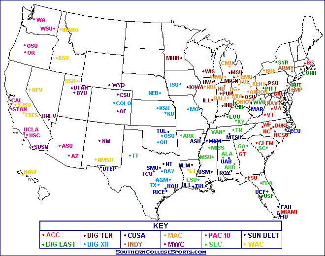 US Division I College Football Team Location Map